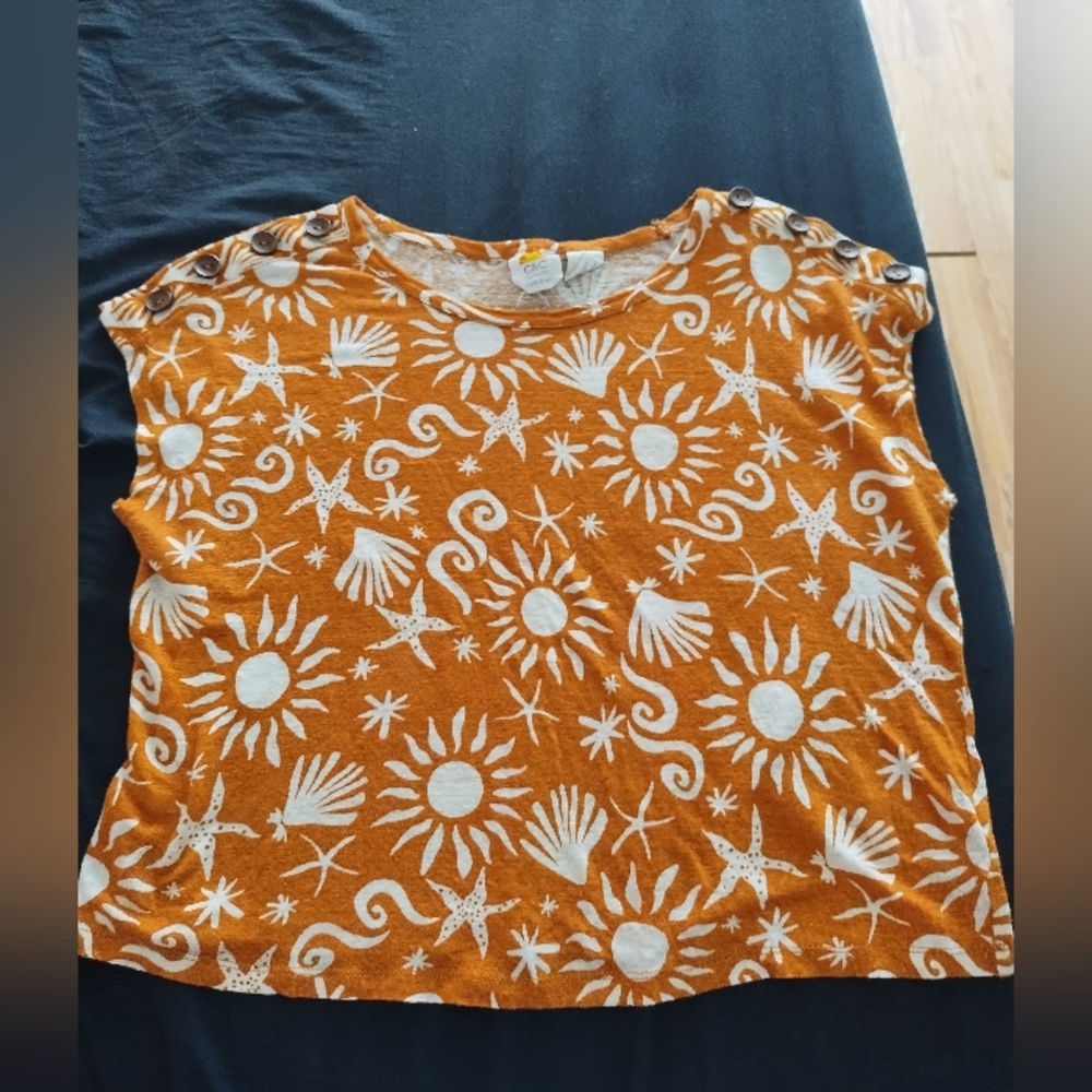 C&C California Beach Print Orange White Shirt 100% lightweight Linen Size Medium